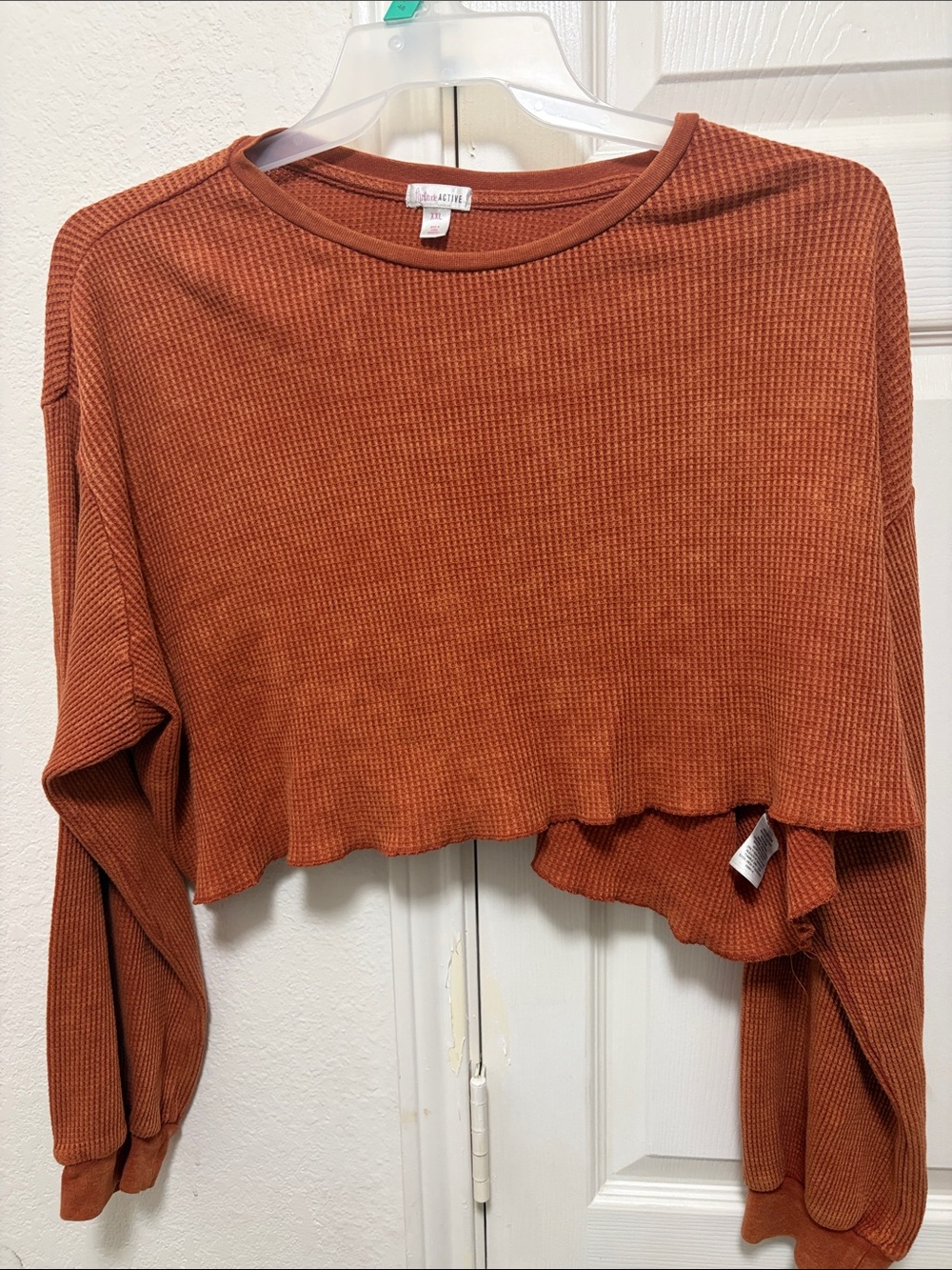 flirtitude Rust Cropped Waffle-Knit Long Sleeve Top